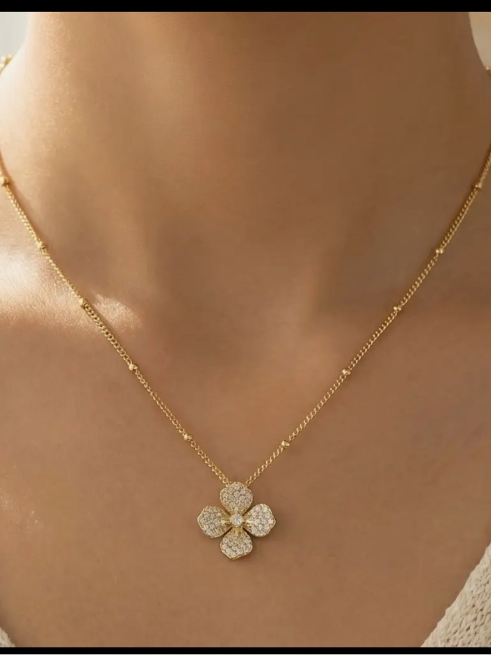 Cz Pave Flower Pendant Satellite Chain Necklace Gold Clover